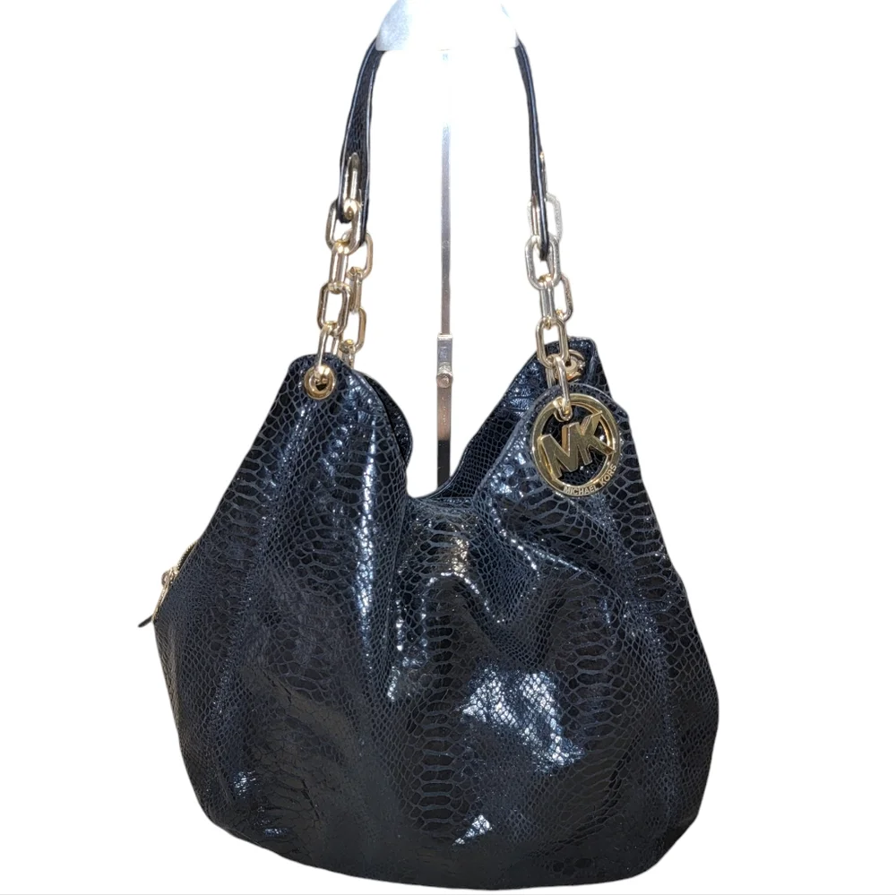 Michael Kors LG Patent Leather Snake Embossed Black Handbag W/Signature Hardware